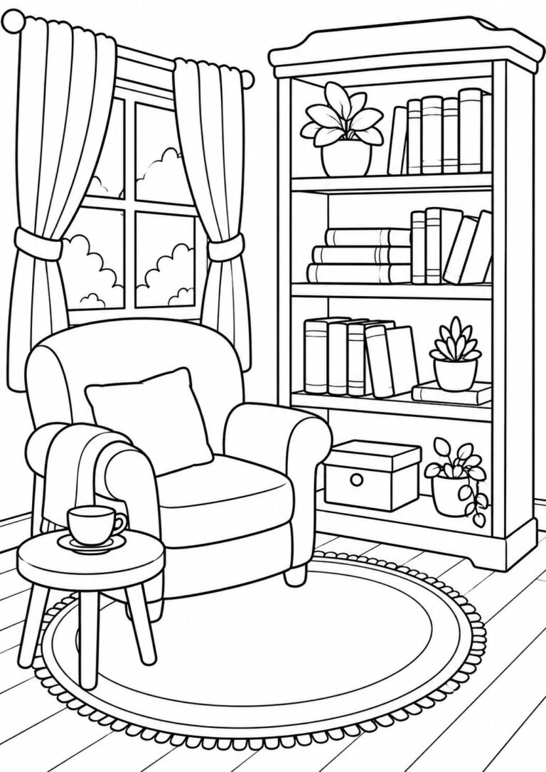 Coloring page of a cozy reading nook featuring an armchair, side table with a cup, bookshelves with books, and potted plants. Kids can enjoy adding their favorite colors to personalize the scene.