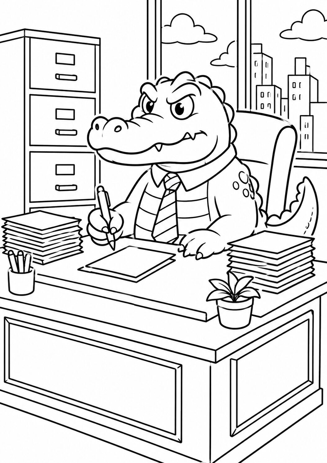 An animated crocodile sitting at an office desk. It wears a tie and is surrounded by paperwork and office supplies. The scene awaits coloring by kids.