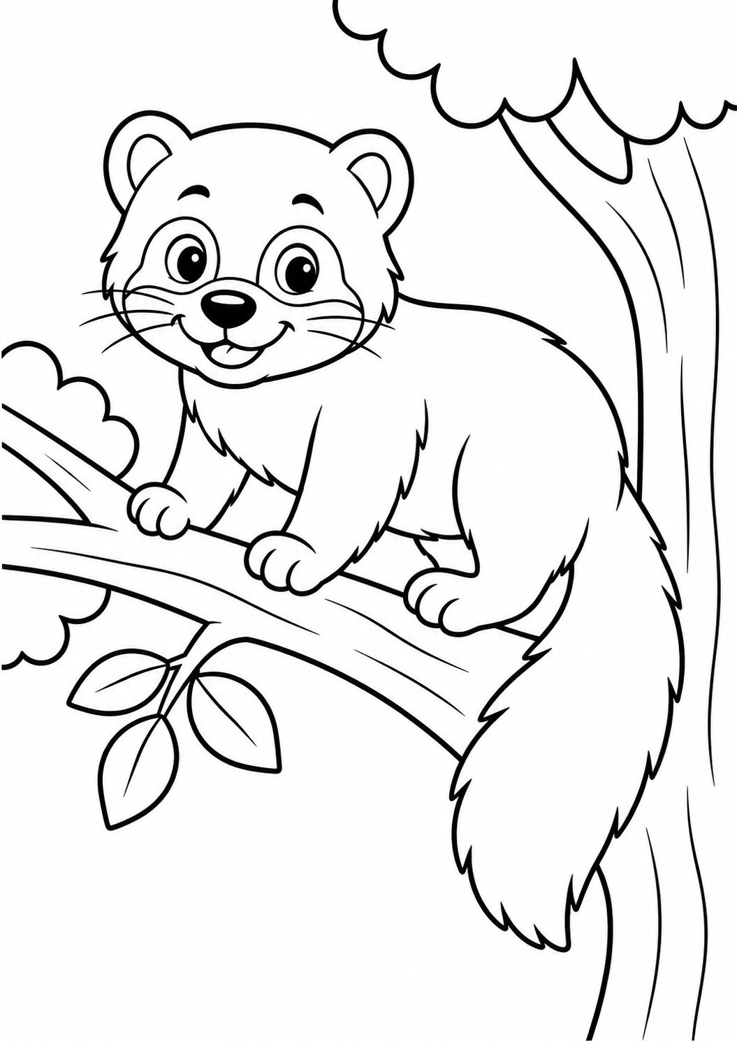 A cheerful creature with a fluffy tail climbs a tree branch, inviting kids to color its lively scene. Its friendly expression and playful pose make it ideal for engaging children's creativity with vibrant hues and imaginative storytelling.