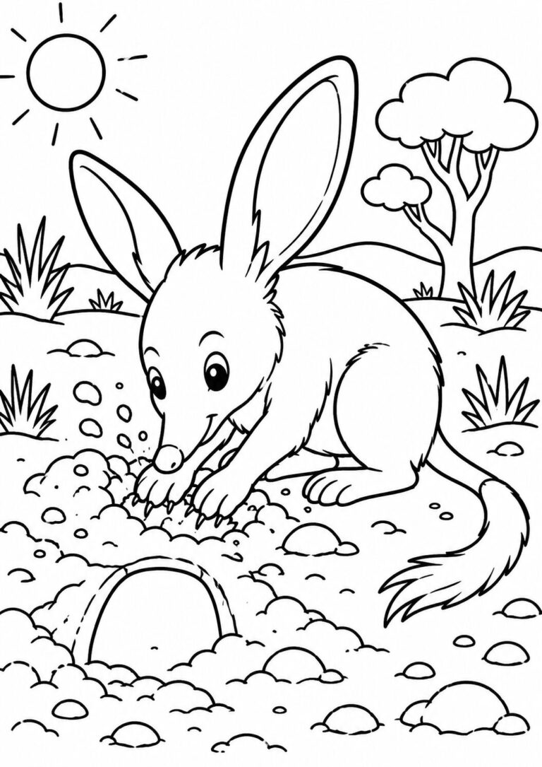 A cute animal coloring page showing a lively animal digging in a sunny, natural landscape with trees and shrubs, perfect for kids to color creatively.