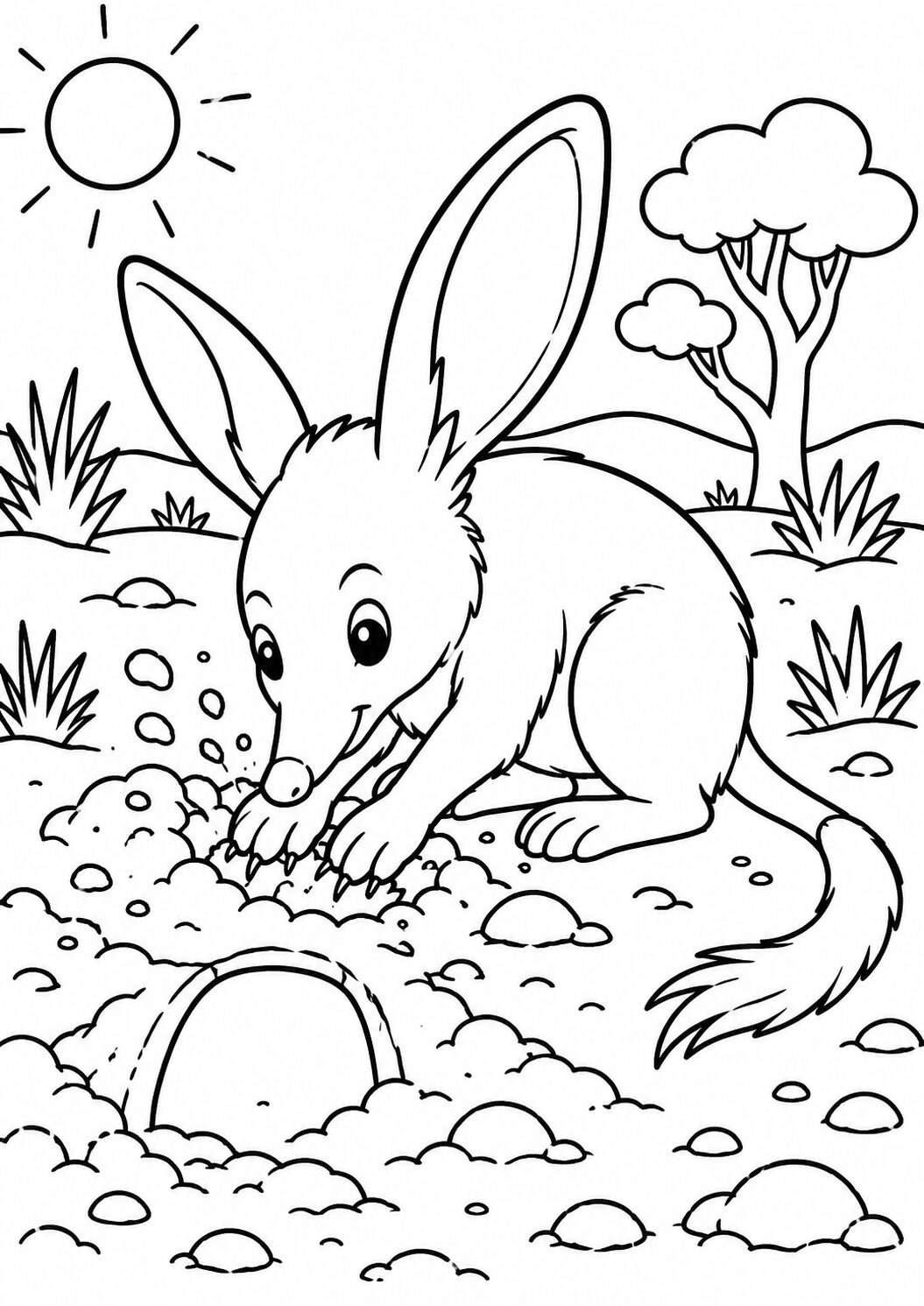 A cute animal coloring page showing a lively animal digging in a sunny, natural landscape with trees and shrubs, perfect for kids to color creatively.