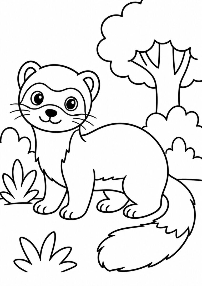 Coloring page with a cute forest animal standing amid natural surroundings, perfect for kids to engage in creative coloring and enjoy a nature-themed activity.