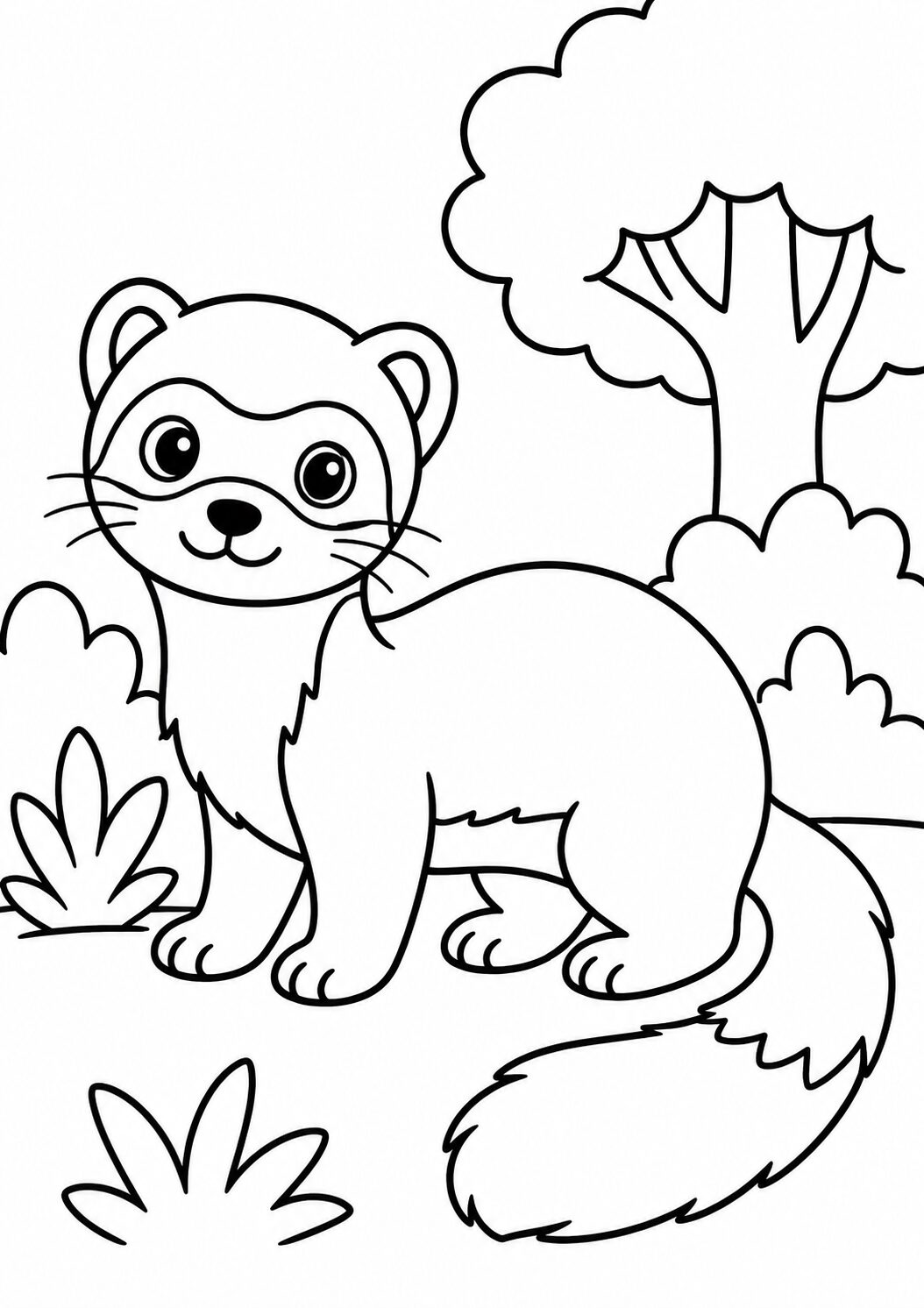 Coloring page with a cute forest animal standing amid natural surroundings, perfect for kids to engage in creative coloring and enjoy a nature-themed activity.