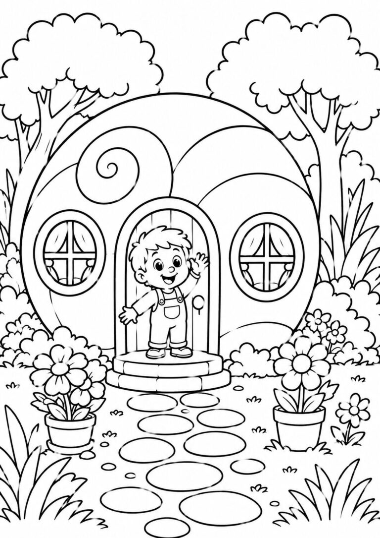 Coloring page featuring a whimsical garden house with a cheerful child at the doorstep surrounded by flowers and trees, inviting young artists to fill the scene with vibrant colors.