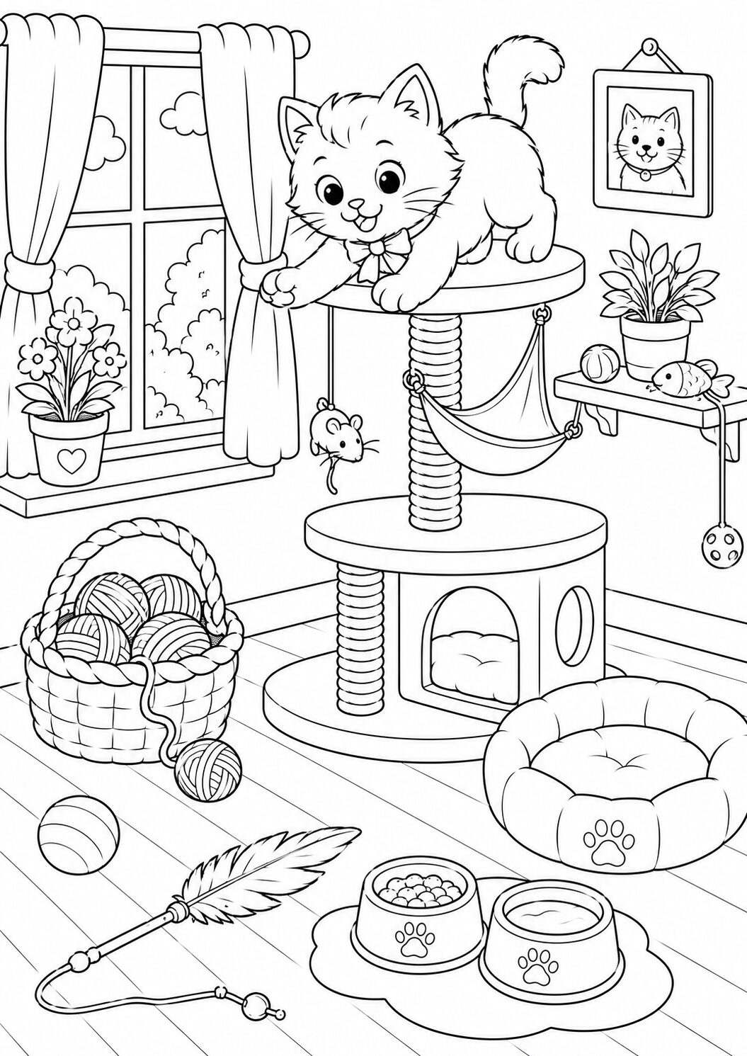 Coloring page of a playful kitten with yarn balls, a cozy bed, and toys. Perfect for kids to color in a room setting with a window view.