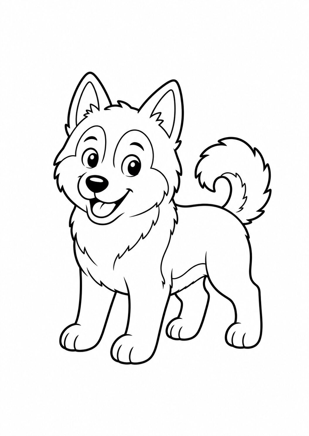 A charming coloring page of a cute puppy with a fluffy tail and big eyes, designed for children to color. The puppy looks cheerful and inviting, perfect for young artists to enjoy.