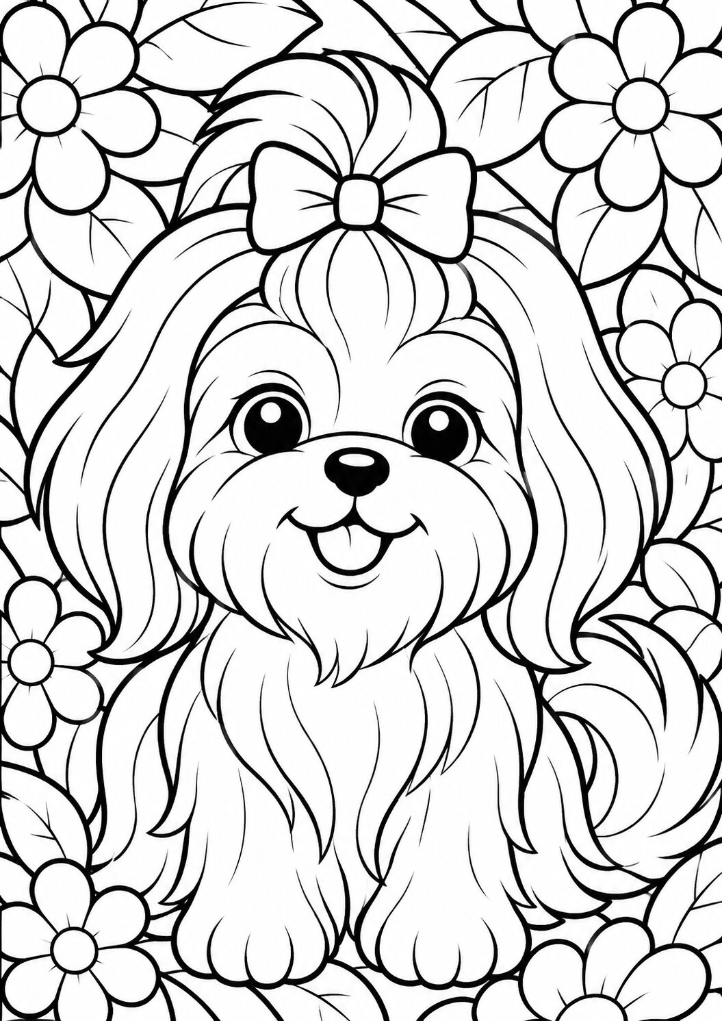 Coloring page with a cute puppy and flowers, ideal for kids. This adorable scene is perfect for engaging children who enjoy animals and nature. Enhances creativity and fine motor skills.