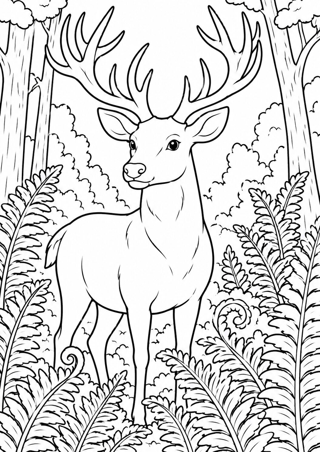 A coloring page showing a majestic deer in a forest setting surrounded by trees and ferns. Perfect for children to explore nature and practice their coloring skills with this peaceful woodland image.