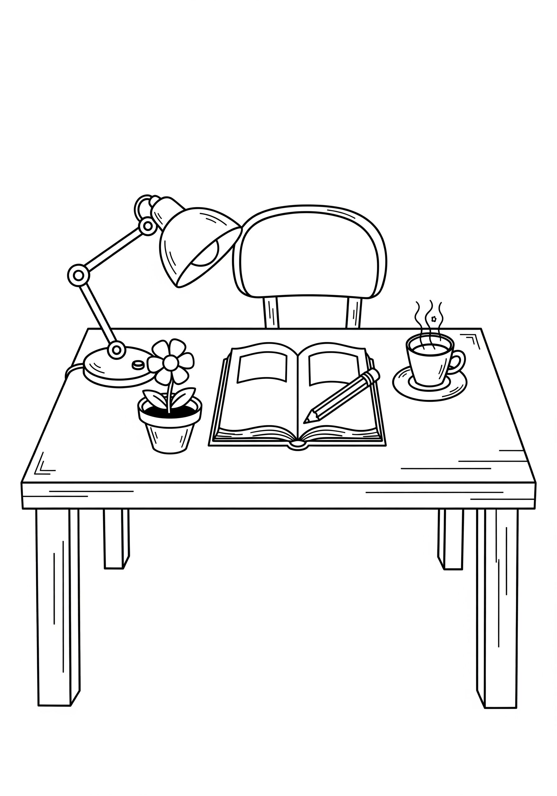 A children's coloring page showing a study desk with an open book, lamp, pencil, flower pot, and coffee cup, inviting kids to add vibrant colors.
