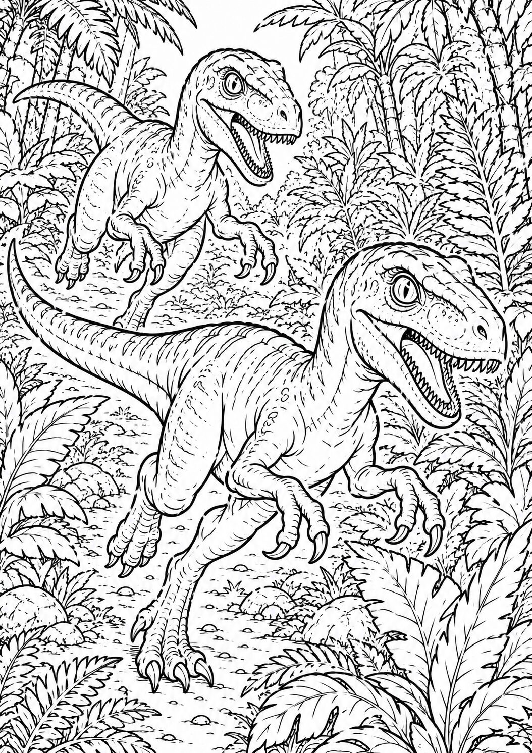 This coloring page captures two dinosaurs in a vibrant jungle. Young artists can explore their creativity by filling the intricate details of the dinosaurs and foliage with color, sparking a prehistoric adventure.