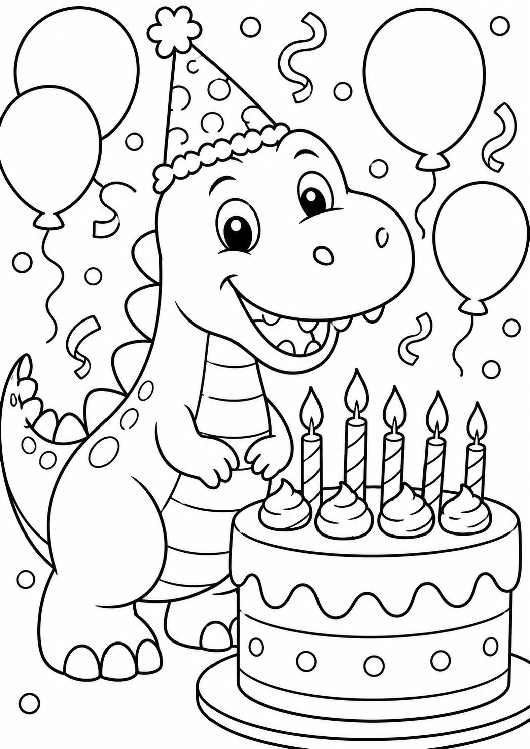 A joyful dinosaur with a party hat beside a birthday cake with candles. Balloons and confetti complete the playful scene, making it perfect for children's birthday celebrations.