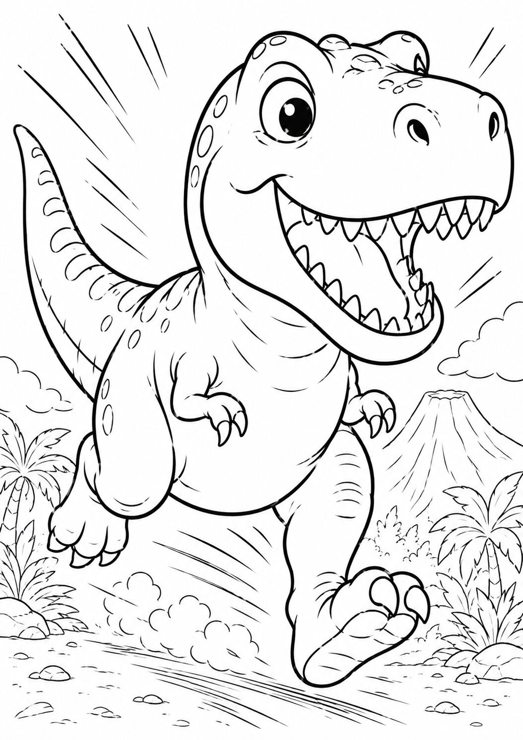 A cheerful dinosaur running joyfully through a prehistoric scene, surrounded by palm trees and a volcano. This delightful coloring page is designed to inspire creativity and fun in children.