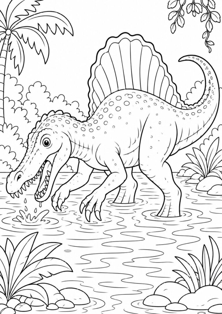 A detailed coloring page showing a dinosaur with spikes walking in a jungle setting, especially suitable for children to color and learn about prehistoric times.