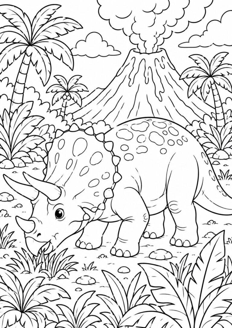 A triceratops in a prehistoric scene with lush plants, palm trees, and a volcano erupting in the background. Kids can explore creativity while learning about dinosaurs.