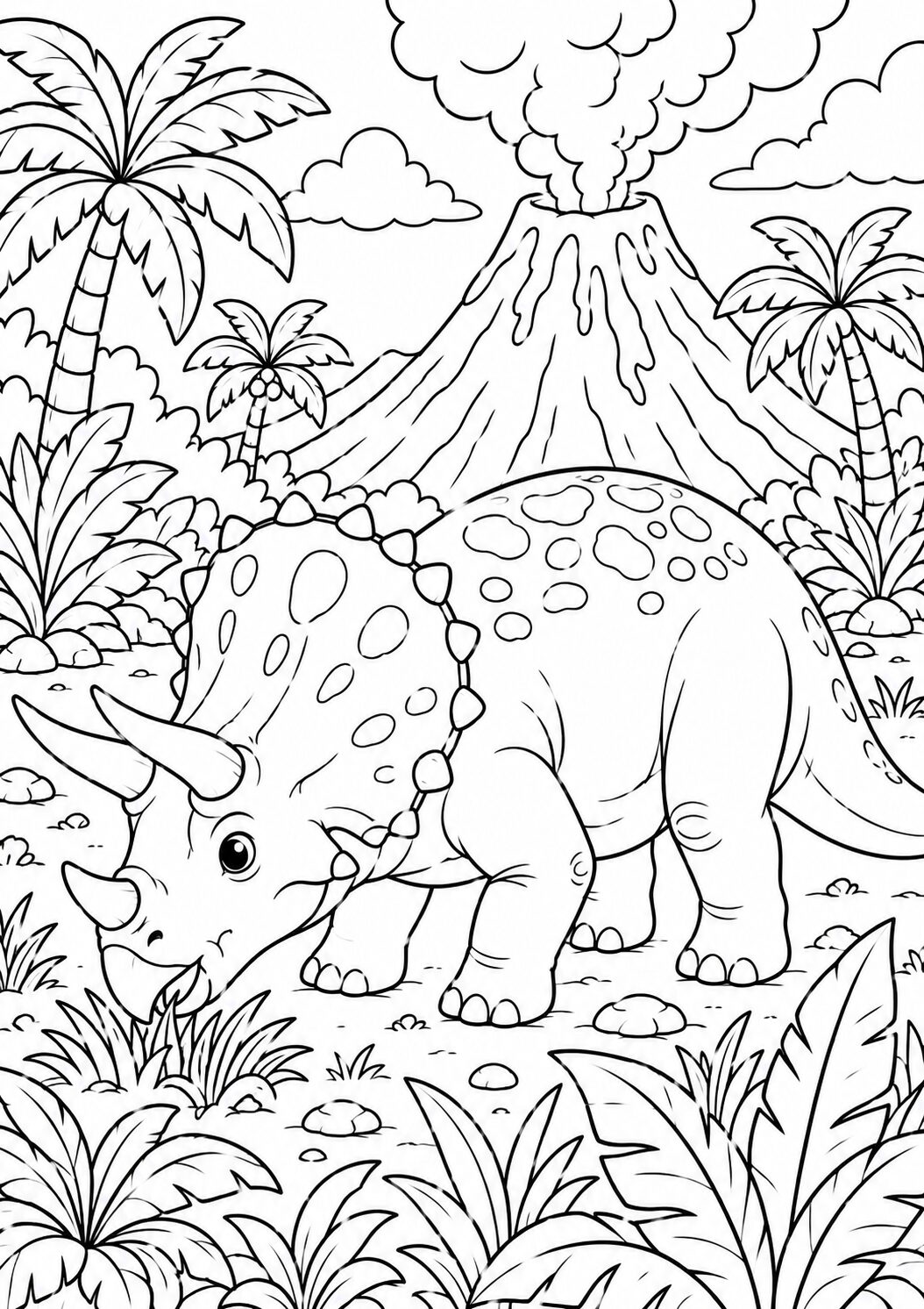 A triceratops in a prehistoric scene with lush plants, palm trees, and a volcano erupting in the background. Kids can explore creativity while learning about dinosaurs.