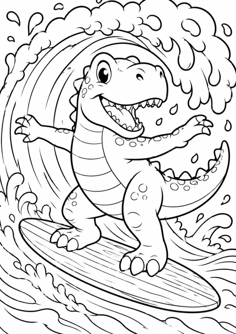 A fun coloring page featuring a cartoon dinosaur surfing on a wave. The scene is lively with splashes and dynamic waves, perfect for children to color.