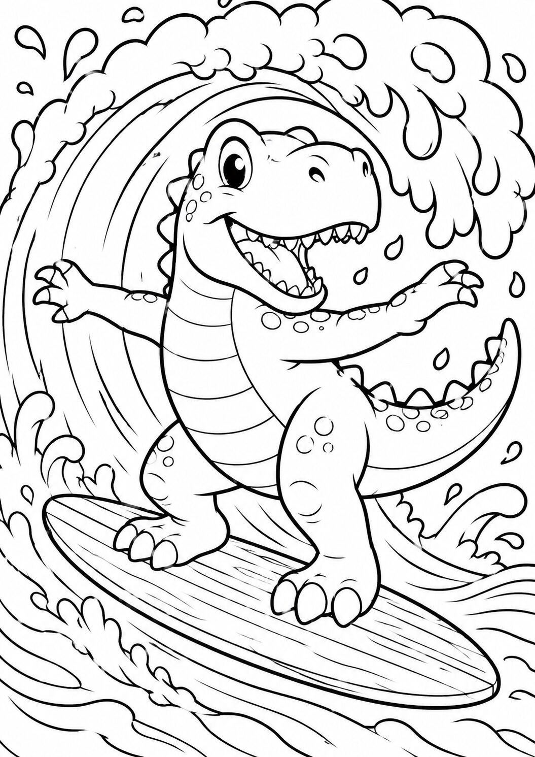 A fun coloring page featuring a cartoon dinosaur surfing on a wave. The scene is lively with splashes and dynamic waves, perfect for children to color.