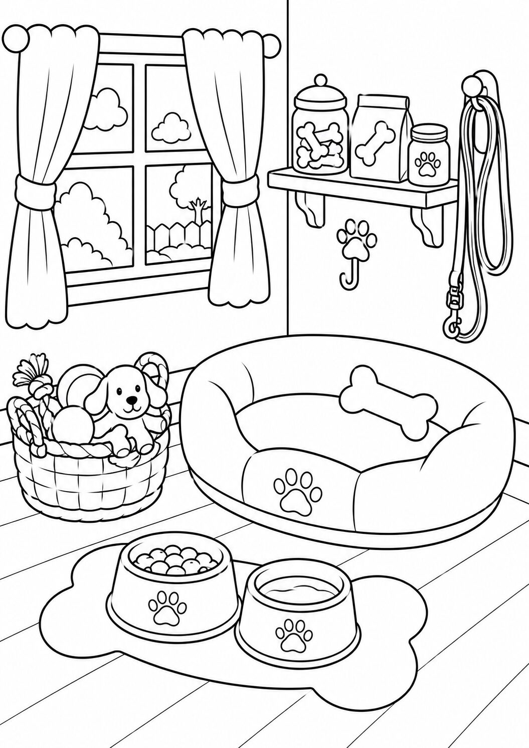 A cozy dog room scene with a bed, food bowls, toys, and a window view. It invites children to explore creativity by coloring detailed items like a leash, bones, and a basket of toys designed for fun.