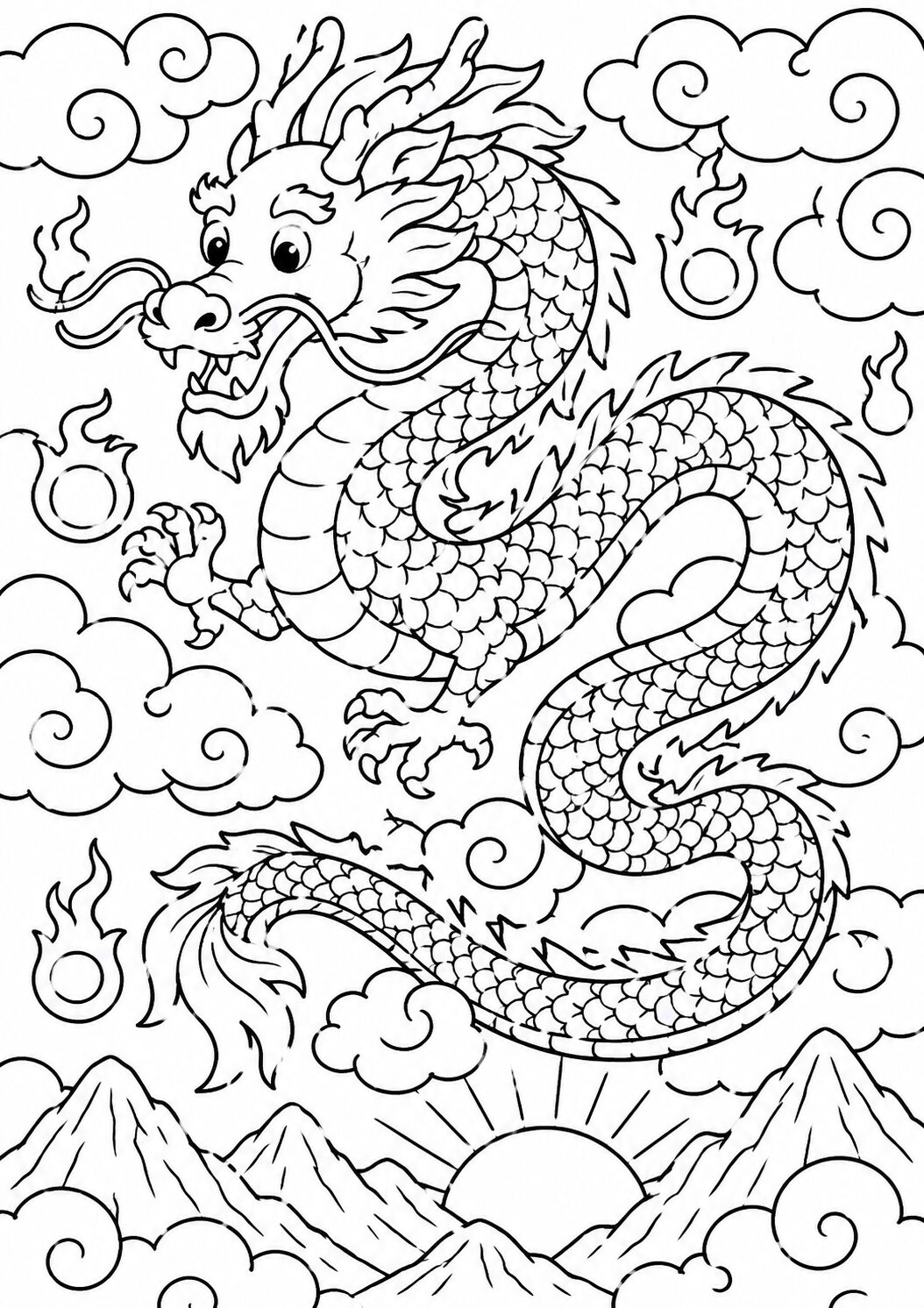 A detailed coloring page for children featuring a majestic dragon soaring through swirling clouds and surrounded by mystical flames. This page is designed to inspire creativity and imagination in kids.