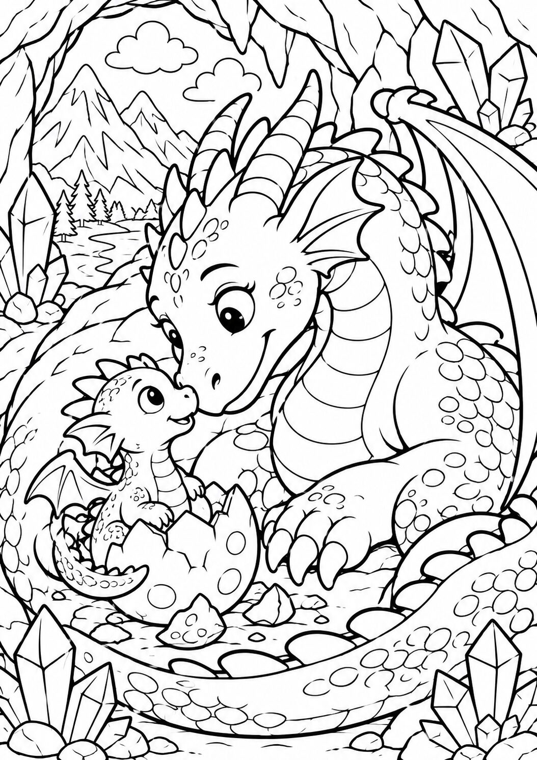 A mystical cave setting with a nurturing parent dragon embracing a newly hatched baby dragon. Crystal formations decorate the cave, and distant mountains peak under a clear sky, inviting children to bring it to life with colors.