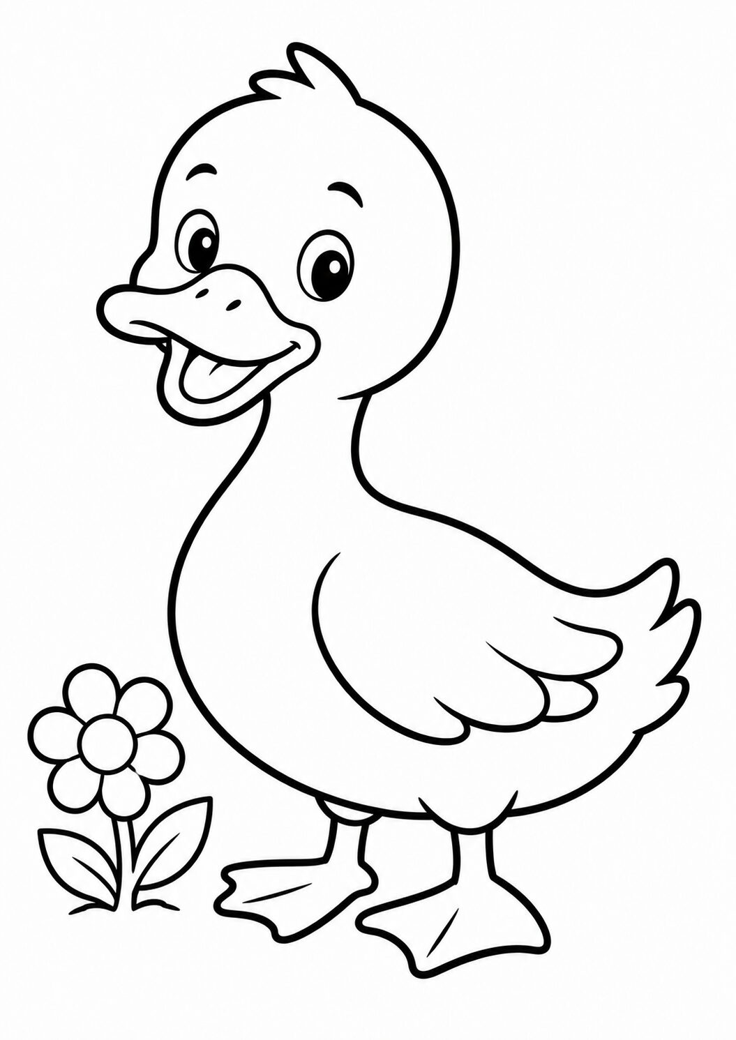 A delightful coloring page showing a cheerful duckling beside a small flower, ready for children to bring it to life with colors.
