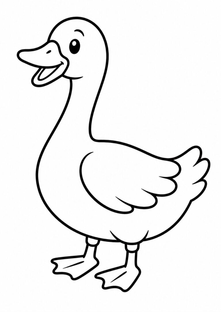 A simple and charming coloring page of a happy duck standing with a friendly expression. Perfect for kids to color and develop their artistic skills while enjoying a fun activity.