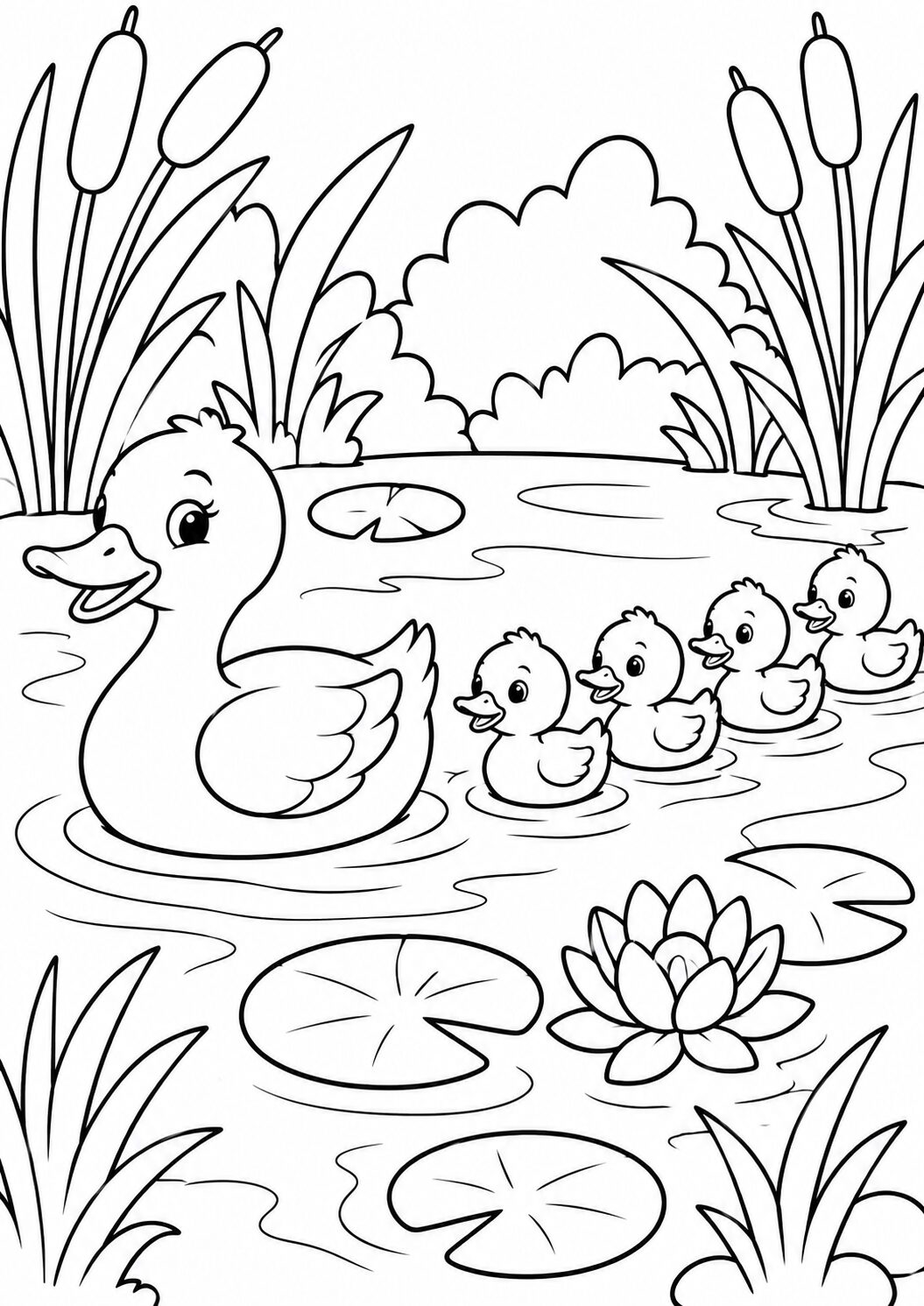 A cute duck family on a pond with ducklings following their mother. Tall reeds and water lilies complete the peaceful scene, offering a fun and engaging coloring activity for children.