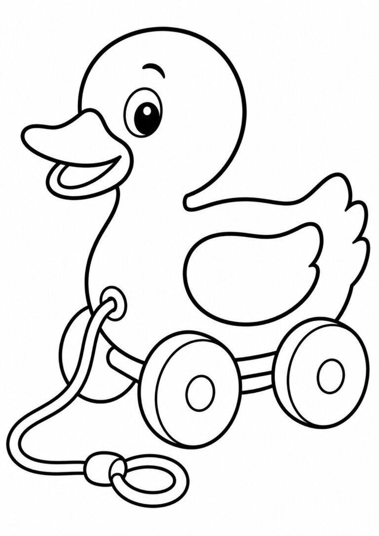 A duck toy on wheels coloring page for children. The image allows kids to color the cheerful duck toy, designed with round wheels and a cord to pull. It's an excellent activity for children to express creativity.
