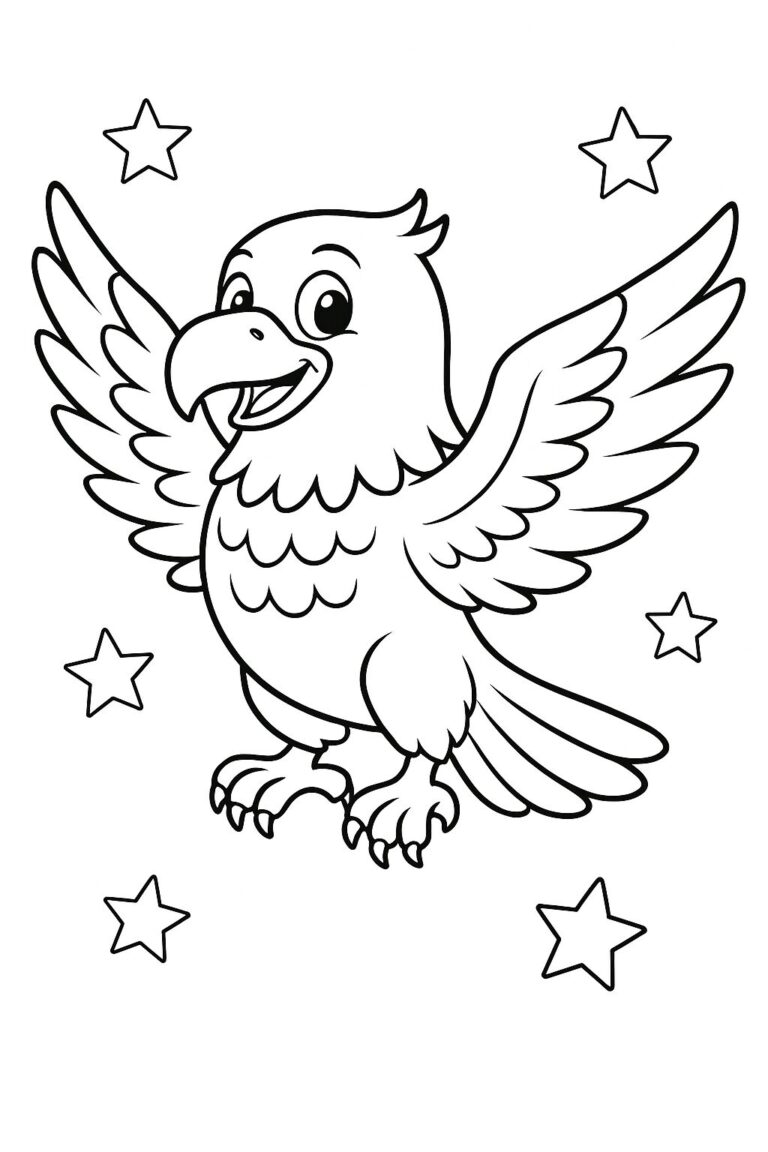 A charming eagle with spread wings and a smiling face, surrounded by stars. This coloring page allows kids to use their imagination and fill the eagle and stars with vibrant colors, promoting creative thinking and artistic skills.