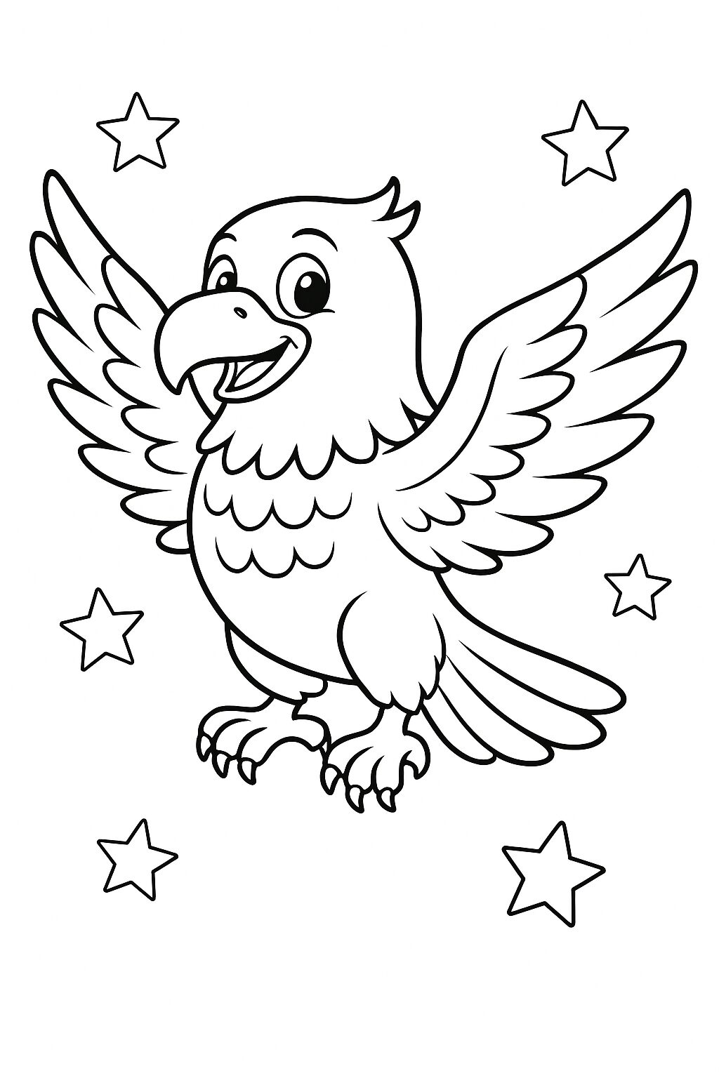 A charming eagle with spread wings and a smiling face, surrounded by stars. This coloring page allows kids to use their imagination and fill the eagle and stars with vibrant colors, promoting creative thinking and artistic skills.