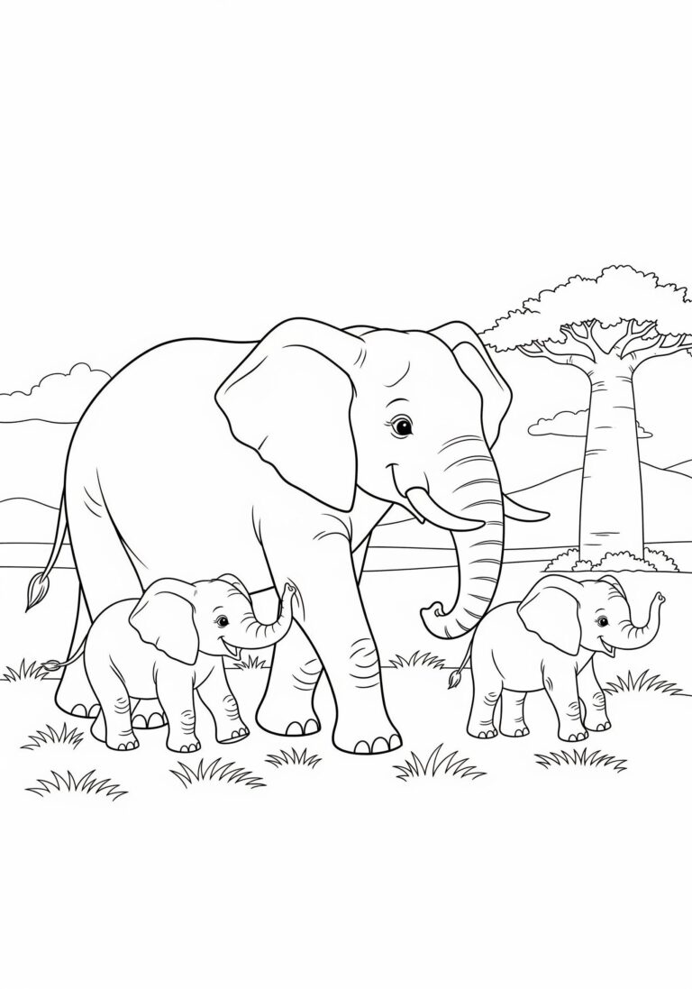 A mother elephant and her two calves walk through a grassy savanna, with trees and open sky in the background, inviting children to color the joyful scene.