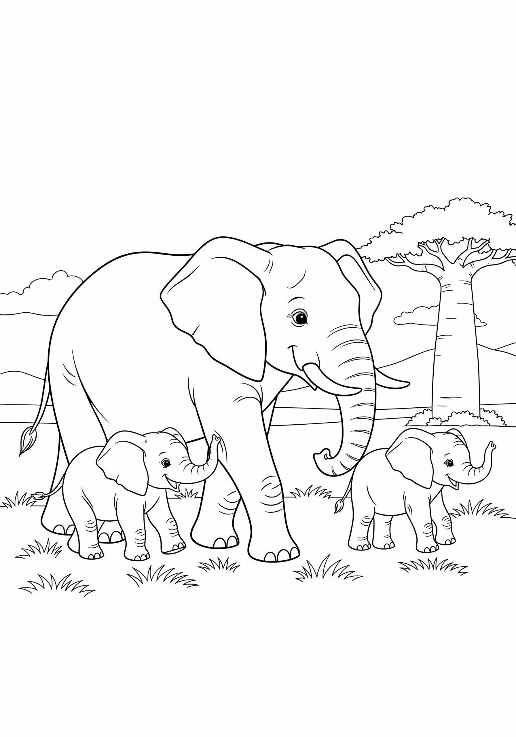 A mother elephant and her two calves walk through a grassy savanna, with trees and open sky in the background, inviting children to color the joyful scene.