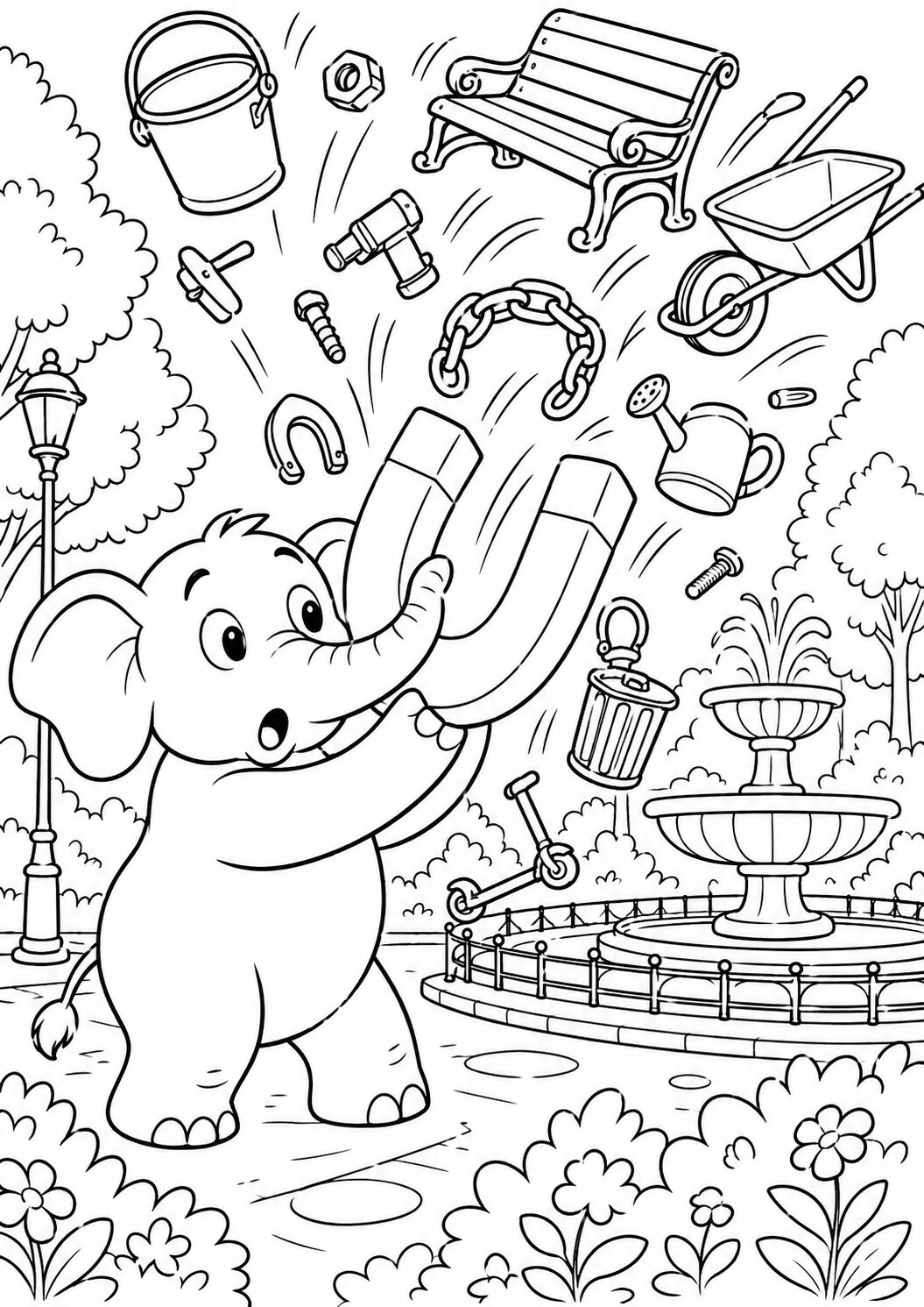 A charming coloring page of an elephant with a magnet in a park, drawing various items like a bench, wheelbarrow, and tools to it, stimulating fun and learning for children.