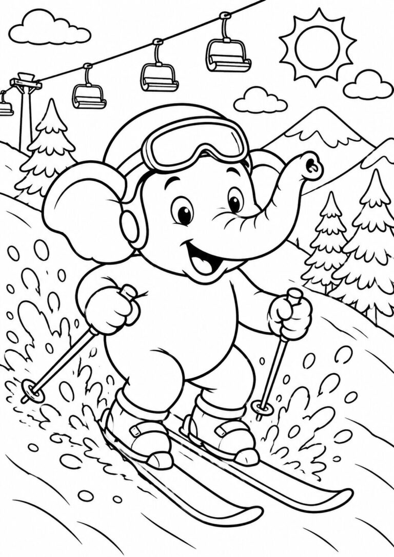 A fun coloring page featuring an elephant skiing down a snowy mountain, surrounded by trees, mountains, and cable cars. Children will love adding vibrant colors to this outdoor adventure scene.