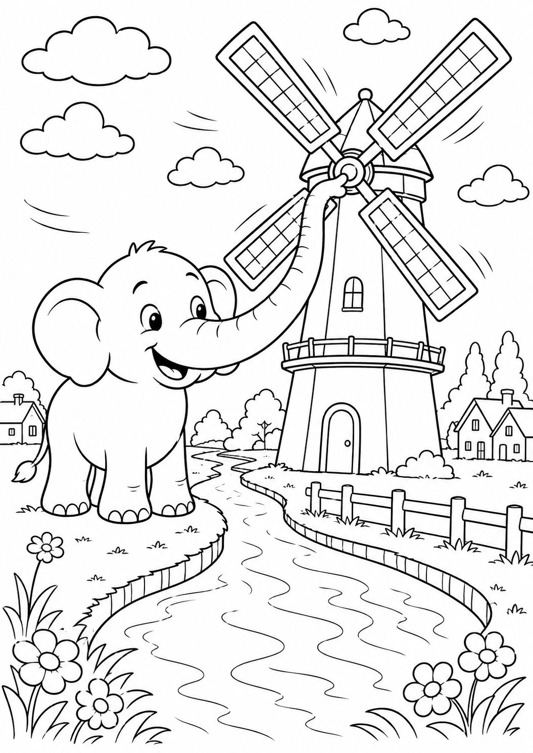A lively coloring page showing an elephant interacting with a windmill in a scenic setting. The landscape includes clouds, a river, and small houses, providing a delightful coloring experience for kids.