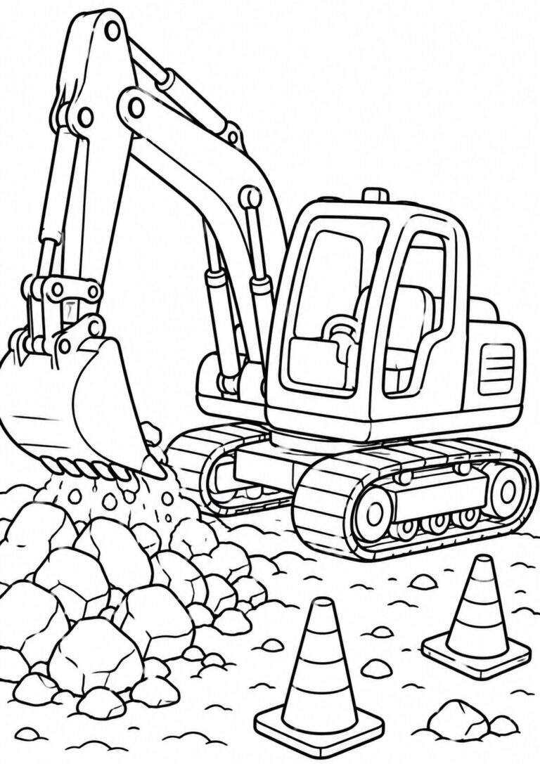 A detailed excavator coloring page depicts the vehicle at a construction site. This scene includes rocks and traffic cones, offering children an engaging activity to color and explore.