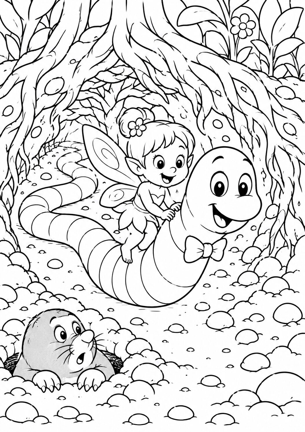 A joyful fairy rides on a friendly worm through an underground path, with a curious mole peeking out. Kids can add vibrant colors to this fantasy scene, sparking imagination.