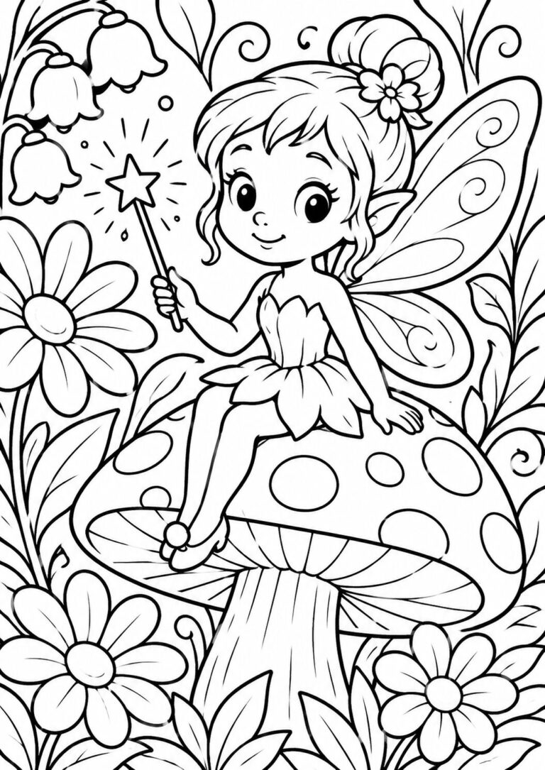 This beautiful coloring page features a charming fairy perched on a mushroom. She holds a magic wand and is surrounded by a garden of flowers. Ideal for children, it inspires creativity with its whimsical and magical details.