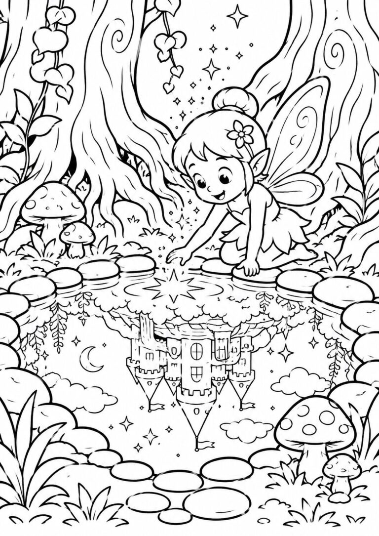 A fairy deeply engrossed in a magical forest scene, peering into a pond that reflects a grand castle, surrounded by trees, mushrooms, and sparkling stars.