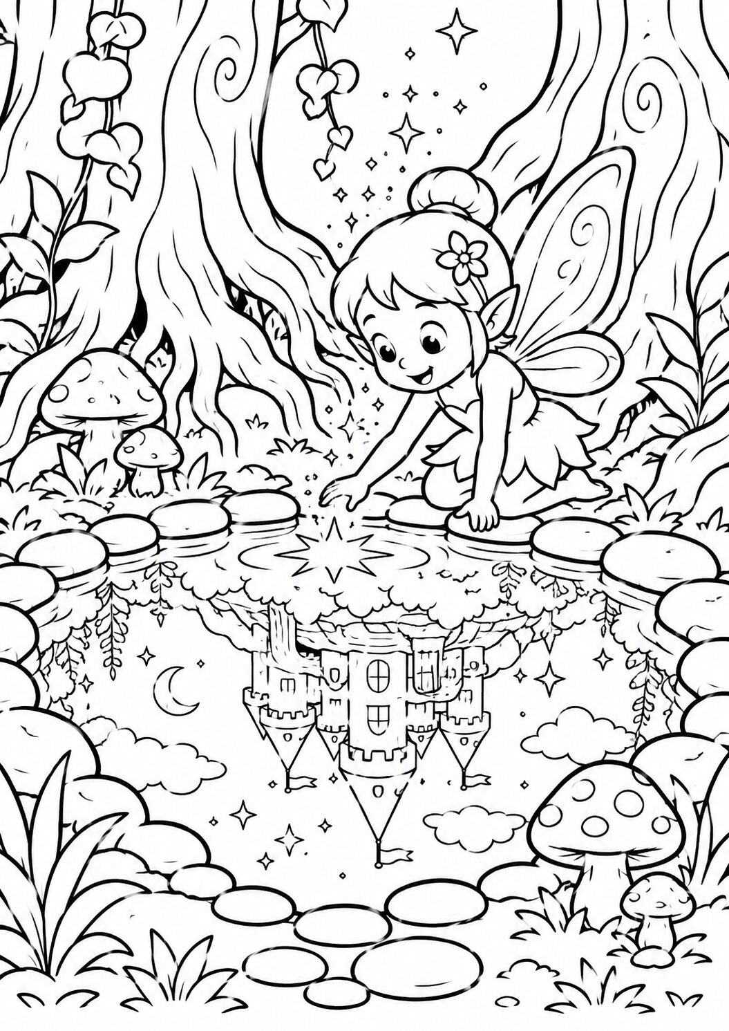 A fairy deeply engrossed in a magical forest scene, peering into a pond that reflects a grand castle, surrounded by trees, mushrooms, and sparkling stars.