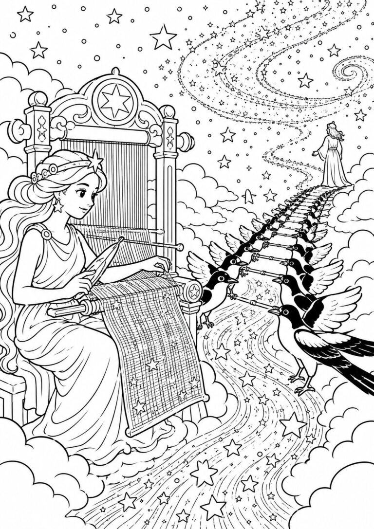 Detailed coloring page of a fairy tale scene with a princess weaving on a loom amid stars, clouds, and birds forming a path leading to a mysterious figure.