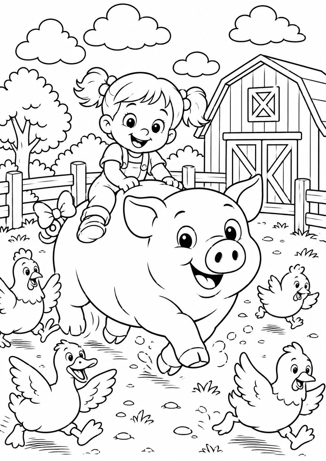 A delightful farm scene with a smiling girl riding a pig, surrounded by happy chickens and a barn, perfect for coloring activities.