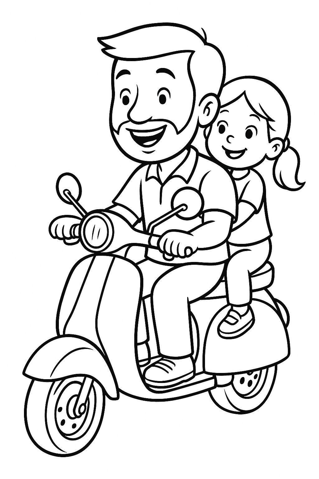 A fun coloring page depicting a father and daughter happily riding a scooter together. This engaging image illustrates a joyful family moment perfect for children to color and enjoy.