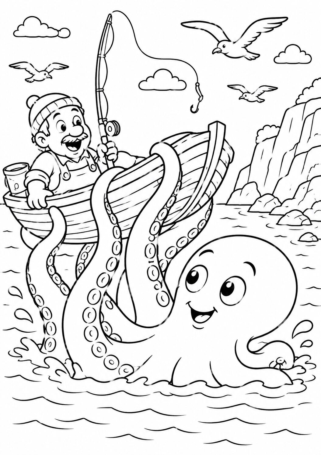 A coloring page showing a cheerful fisherman on a small boat with a friendly octopus reaching out, seagulls flying above, and rocky cliffs in the background, depicting a lively seaside scene.