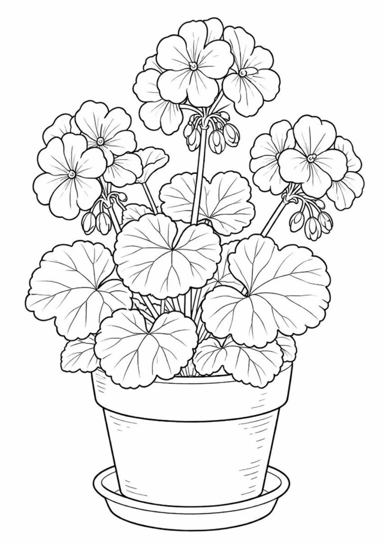 Coloring page showcasing a potted flower with detailed petals and leaves, inviting children to fill in with their choice of colors. The intricate design includes a simple round pot, perfect for engaging young artists and enhancing their fine motor skills through creative coloring.
