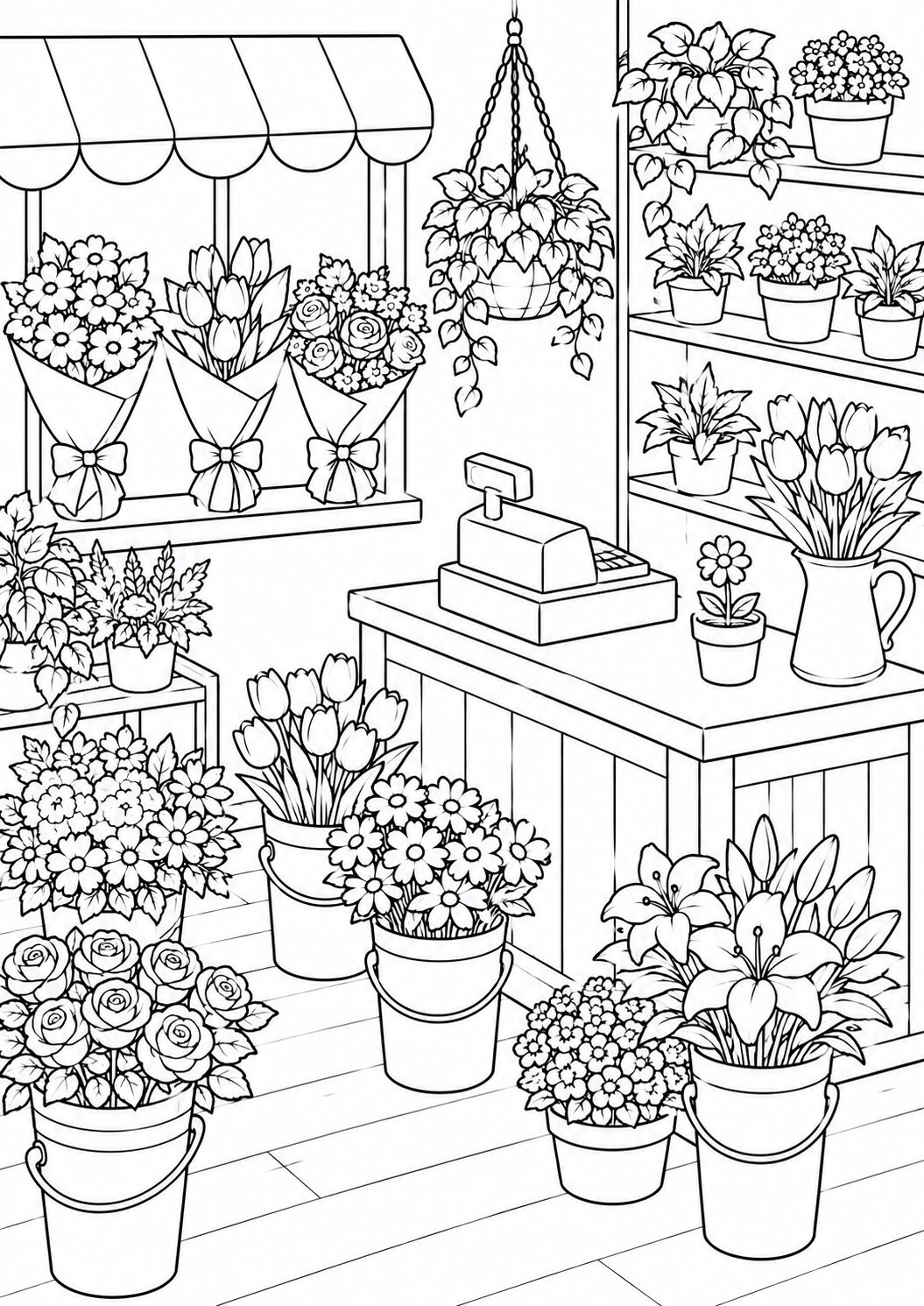 Detailed coloring page of a flower shop interior with numerous floral arrangements, pots, and a cash register for children to color.