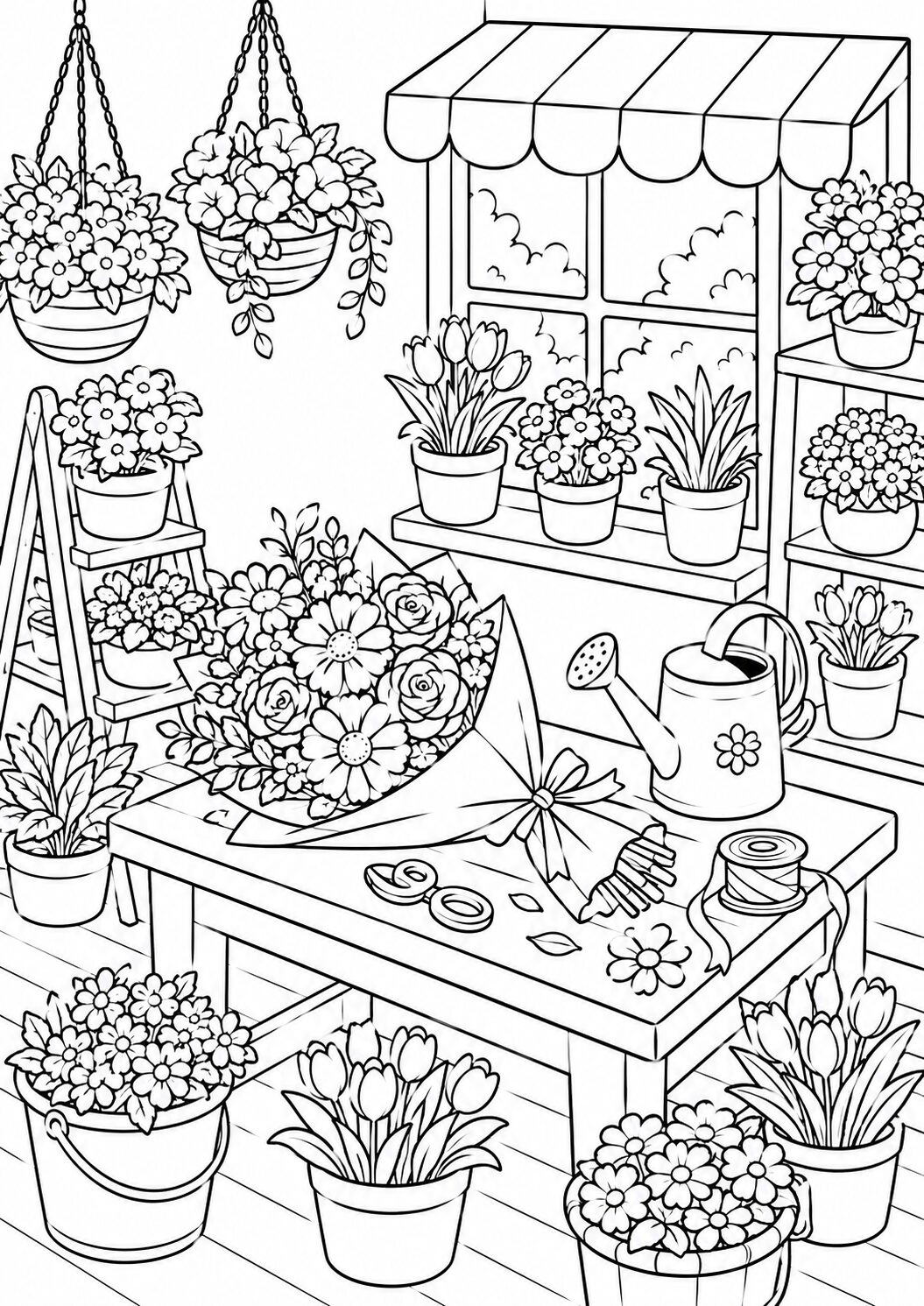 A detailed flower shop scene with potted plants, a flower bouquet, and a watering can on a table. Hanging baskets and a window view complete the vibrant scene, inviting children to color the diverse flowers.
