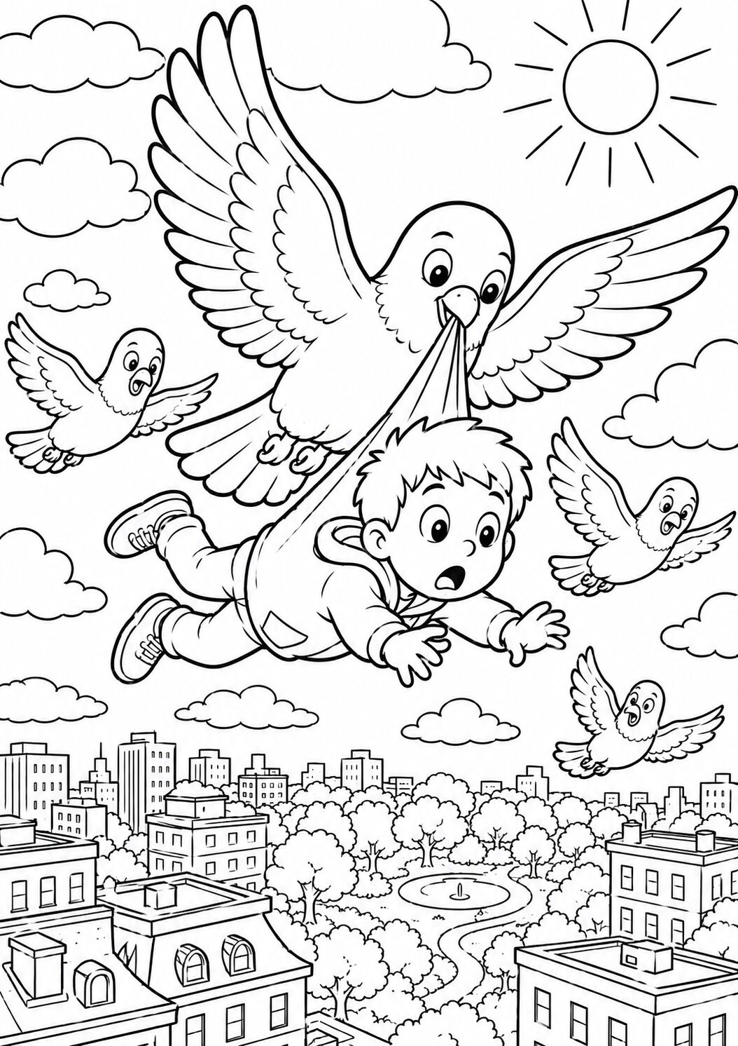A child is flown across the sky by a large bird, surrounded by smaller birds. The page features a cityscape and park scenery below, all depicted in a whimsical, imaginative style, inviting children to color and explore the fantasy.