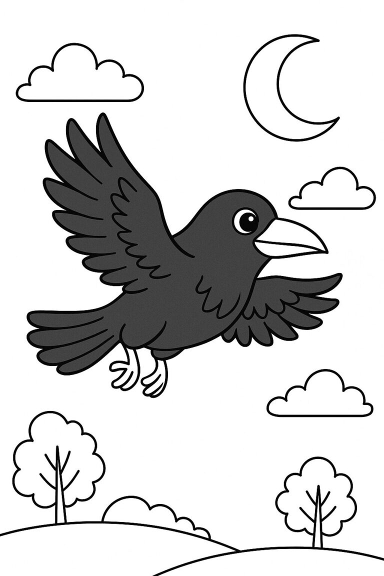 A flying bird with wide wings, a crescent moon, and fluffy clouds set in a serene landscape. The scene invites children to use their imagination and colors to bring it to life, perfect for creative fun.