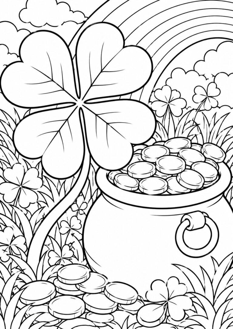 A coloring page featuring a prominent four-leaf clover next to a pot filled with gold coins under a bright rainbow. Smaller clovers and clouds complete the scene.